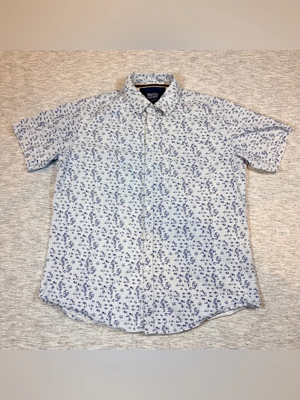 Monument Mens Button Down Short Sleeve Shirt Blue Leaf Pattern Size Large